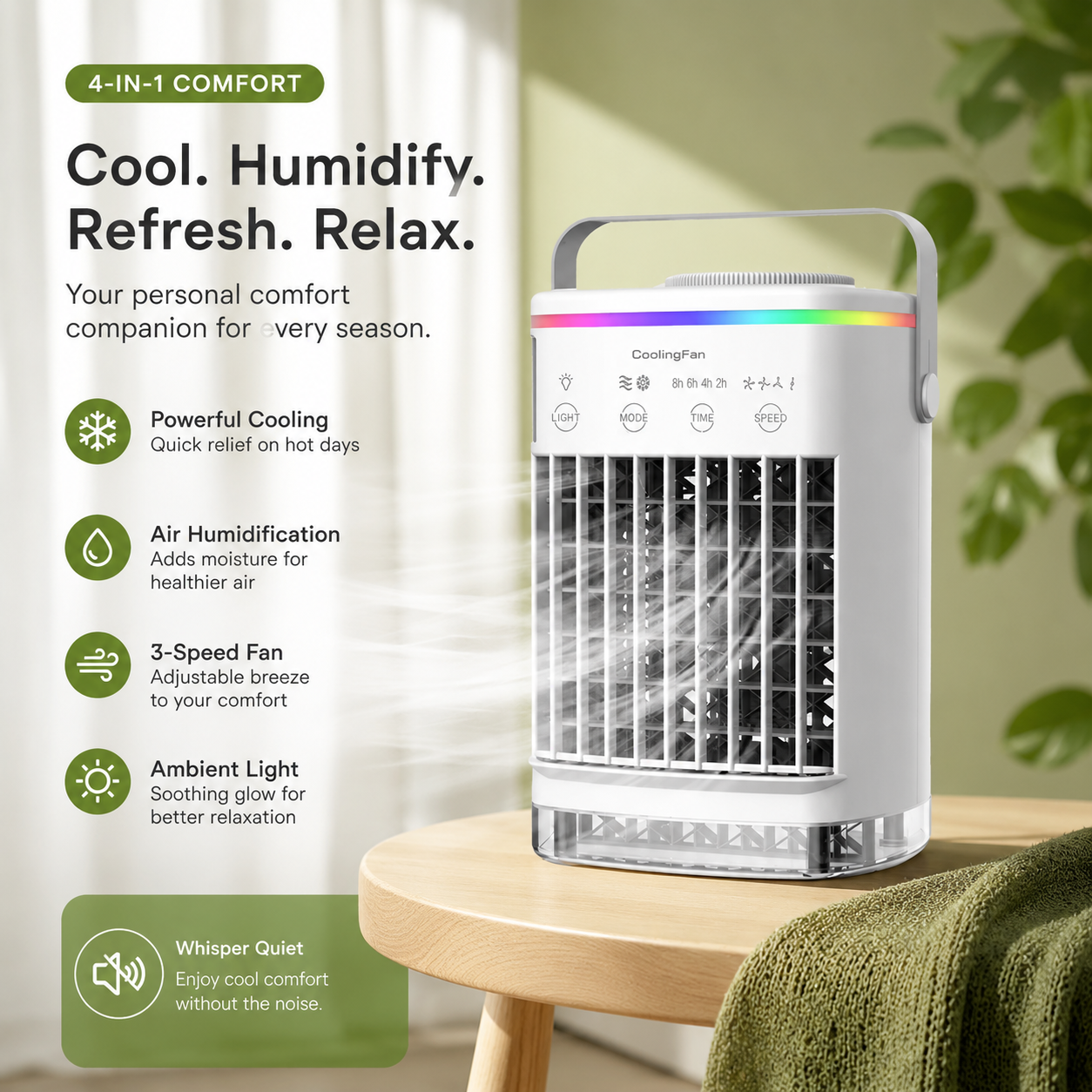 Portable Mini Air Conditioner Fan 4-in-1 USB Air Cooler Humidifier Timer