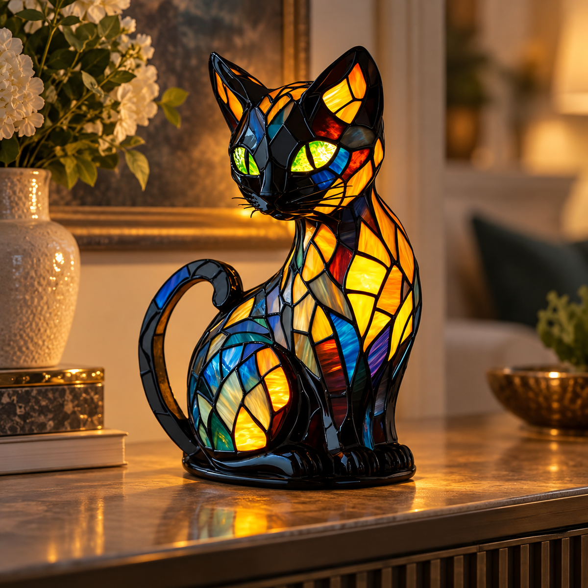 Handmade Cat Table Lamp Colour Changing Glass Light