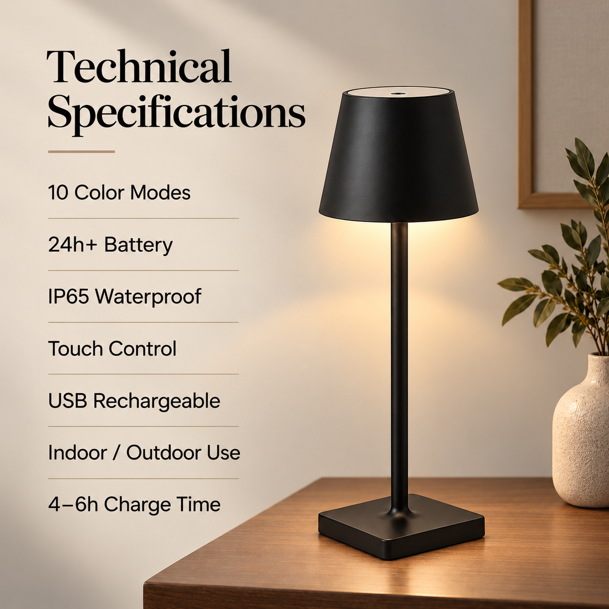 Rechargeable LED Table Lamp Cordless Dimmable for Home Outdoor