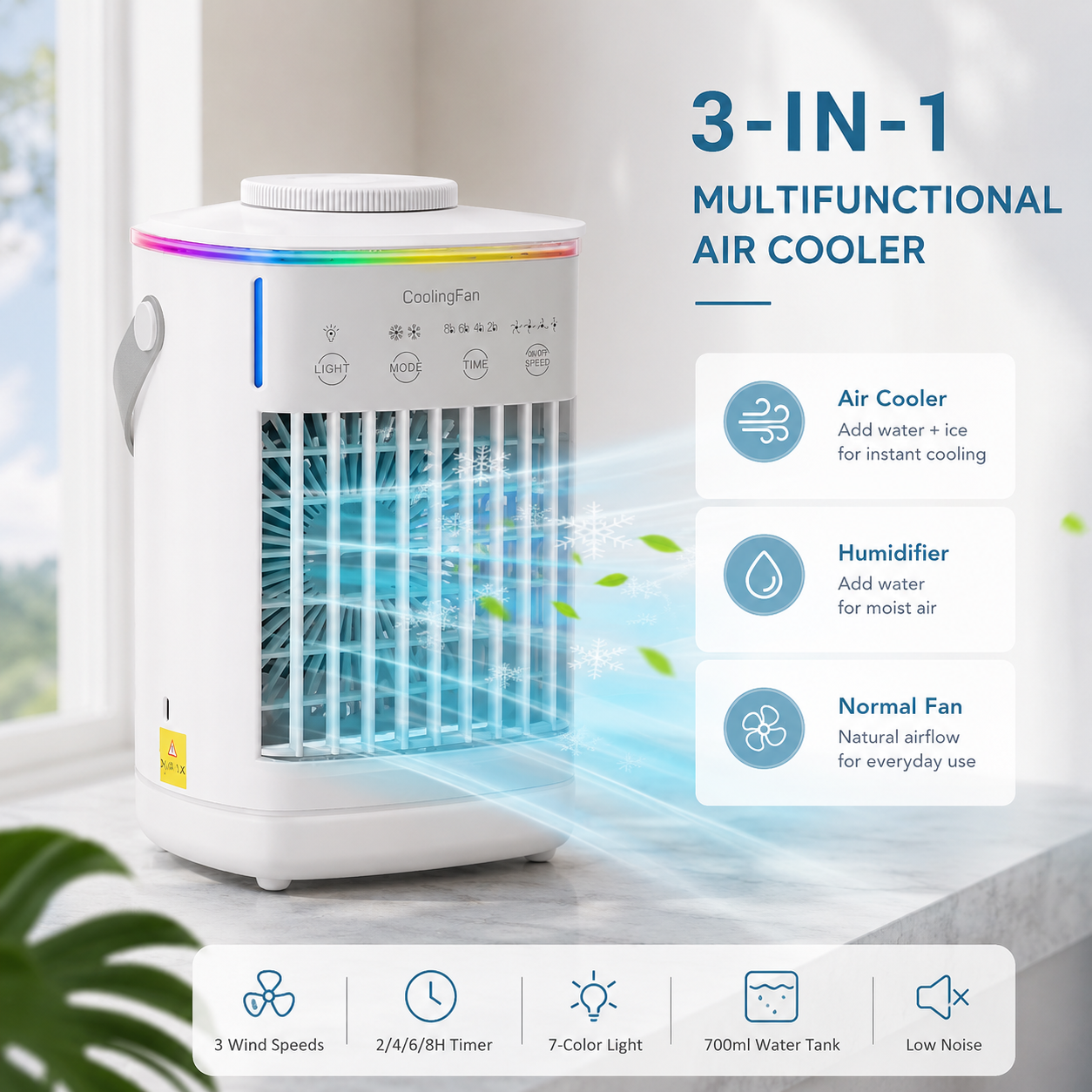 Portable Air Conditioner Humidifier Table Fan with 700ml Tank USB Timer RGB