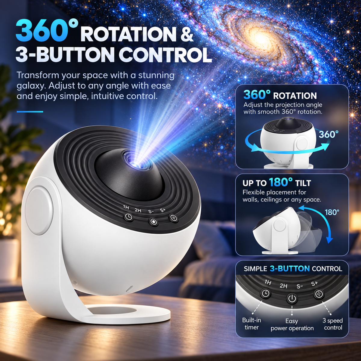 Galaxy Projector 360 Rotating Star Night Light for Bedroom