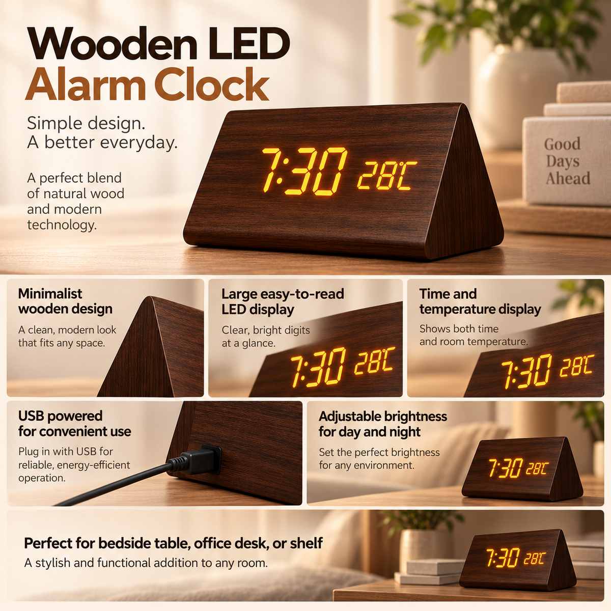 Digital LED Wooden Clock Modern Alarm Clock for Bedroom