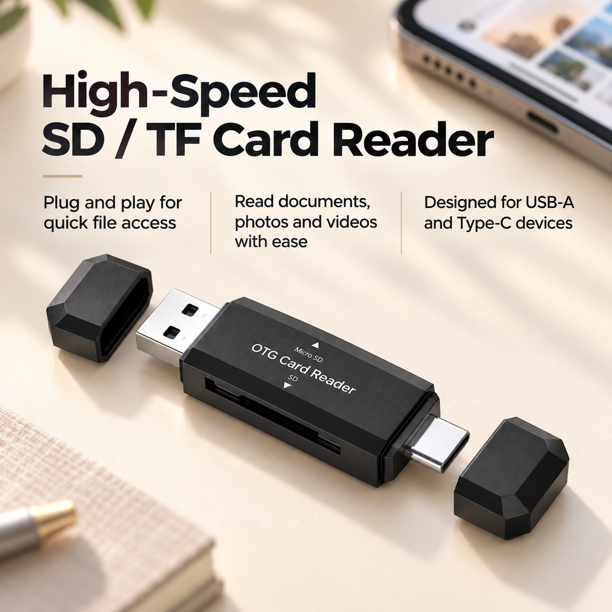 USB Type C SD and TF Card Reader Adapter 2 in 1 for Phone PC