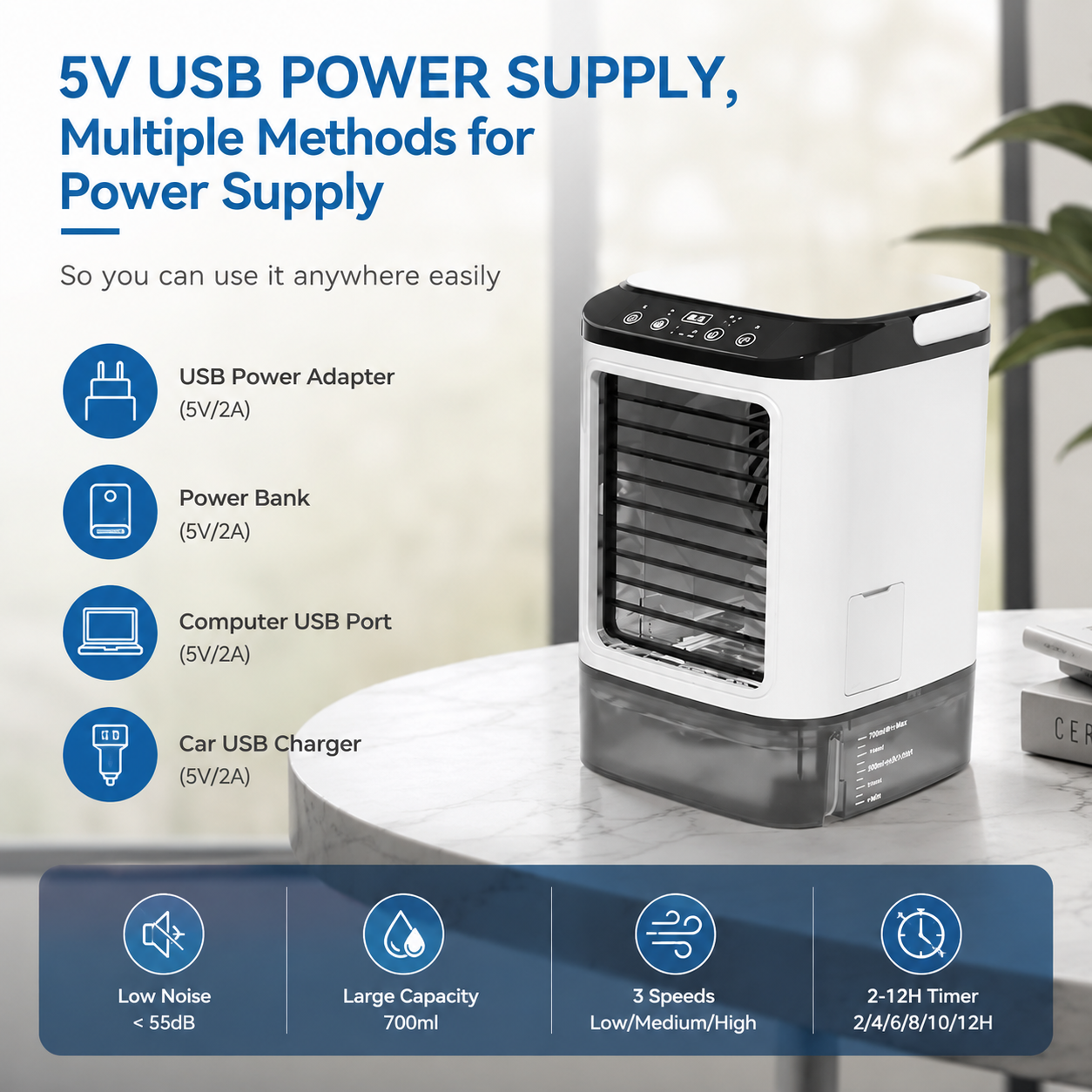 Portable Mini Air Conditioner with 900ML Water Tank 3-Speed Humidifier