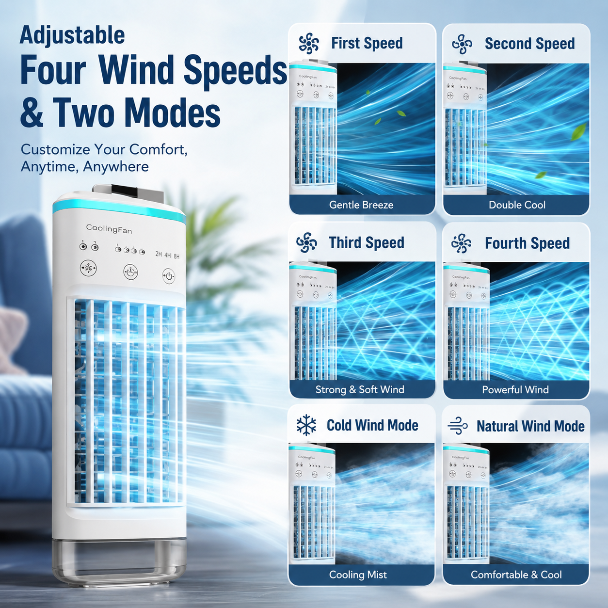 Portable Mini Air Conditioner Fan 4-in-1 USB Air Cooler Humidifier Timer