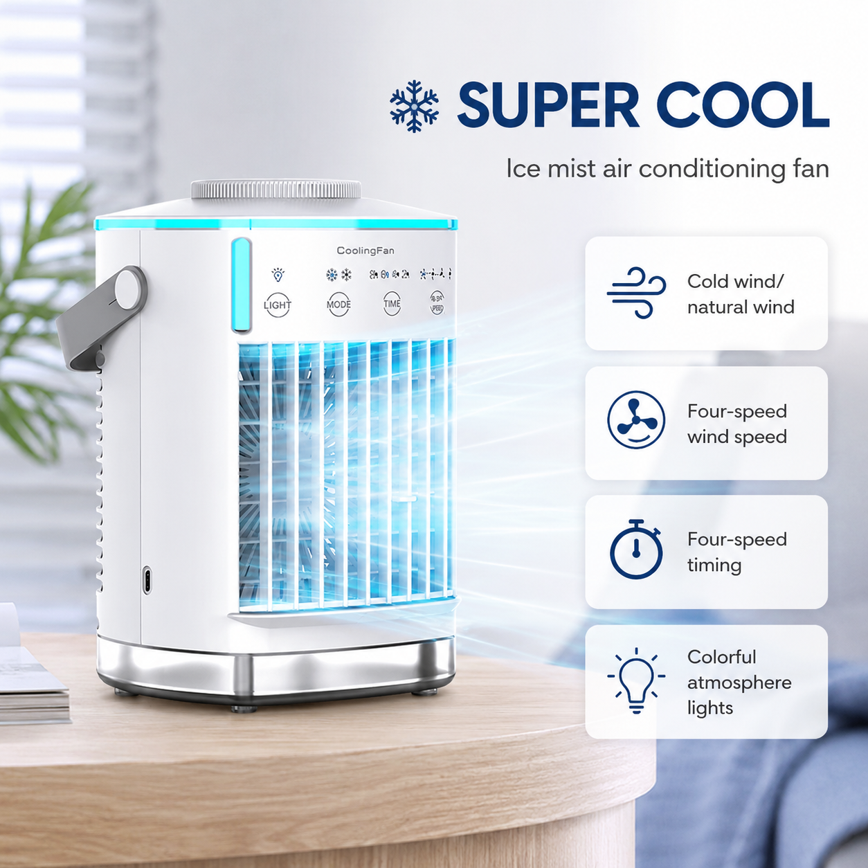 Portable Mini Air Conditioner Fan 4-in-1 USB Air Cooler Humidifier Timer