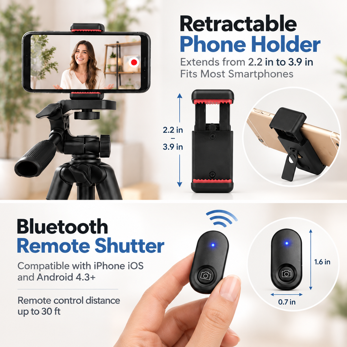 Phone Tripod Selfie Stick with Bluetooth Remote Extendable Stand