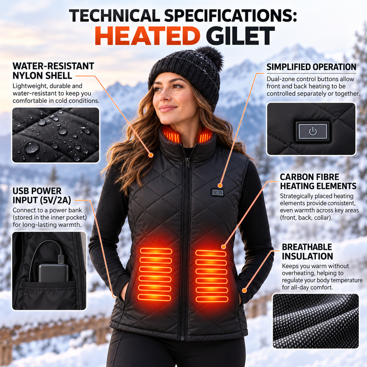 Womens Heated Gilet 9 Zones USB Rechargeable Lightweight Vest