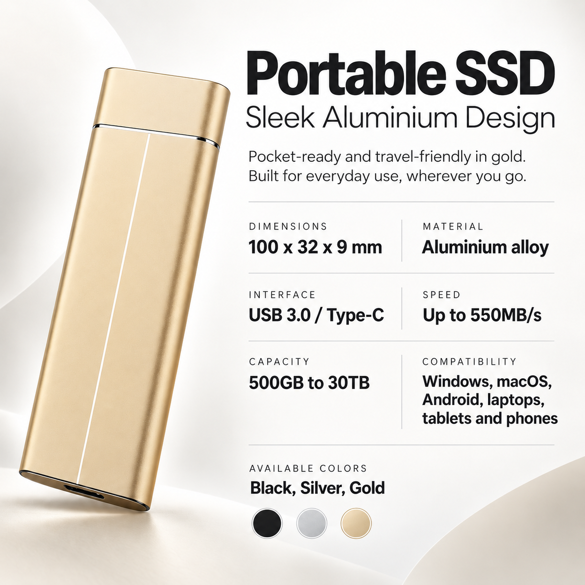 Portable SSD External Hard Drive USB C for MacBook Laptop Phone