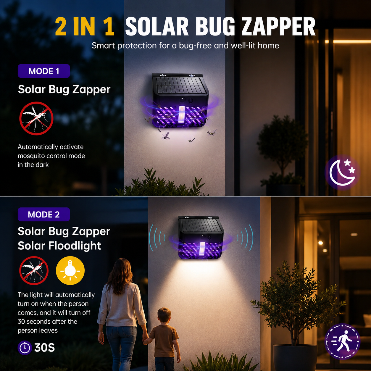 Solar LED Bug Zapper Mosquito Fly Trap Outdoor Insect Killer
