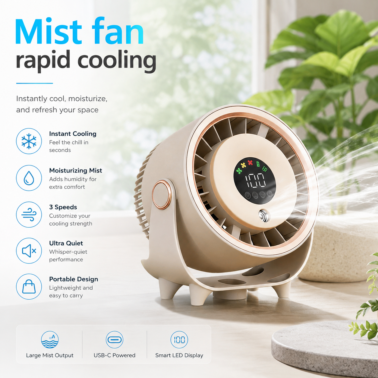 Portable Misting Fan Digital Display Quiet Cooling Humidifier Wall Mount