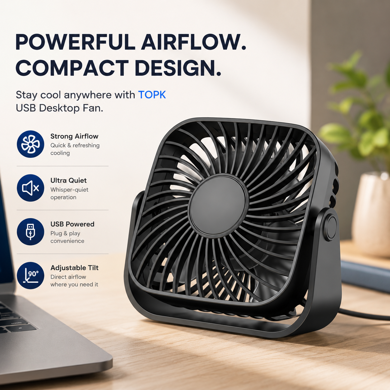 USB Mini Portable Desk Fan 4 Inch 3 Speed Quiet 360 Adjustable