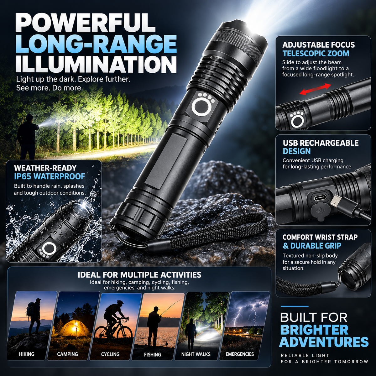 90000 Lumen LED Torch Rechargeable Zoomable Waterproof Flashlight