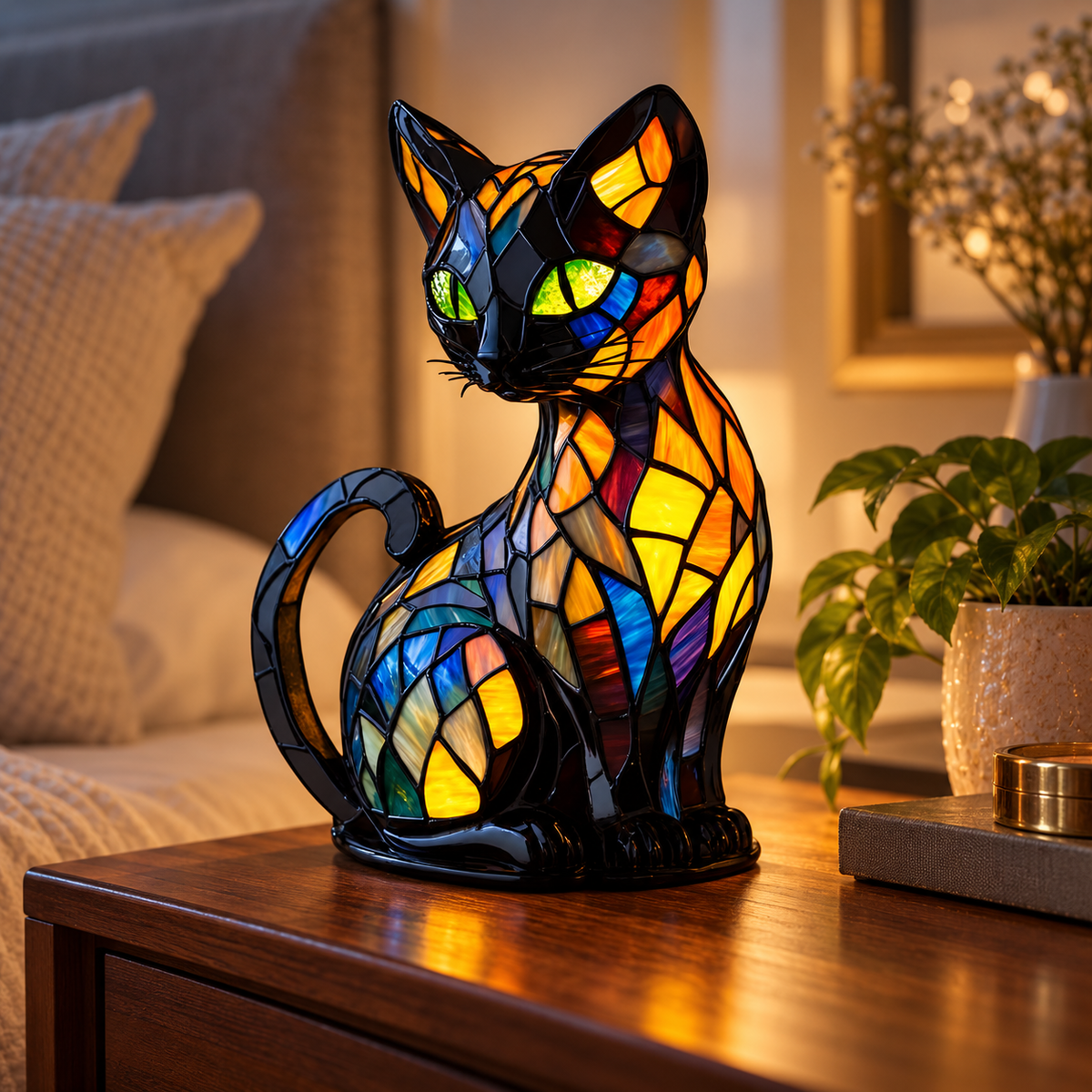 Handmade Cat Table Lamp Colour Changing Glass Light