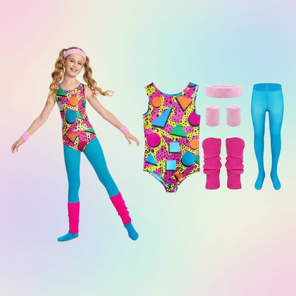 Girls 80s Aerobics Costume Leotard Leggings and Leg Warmers Halloween Party