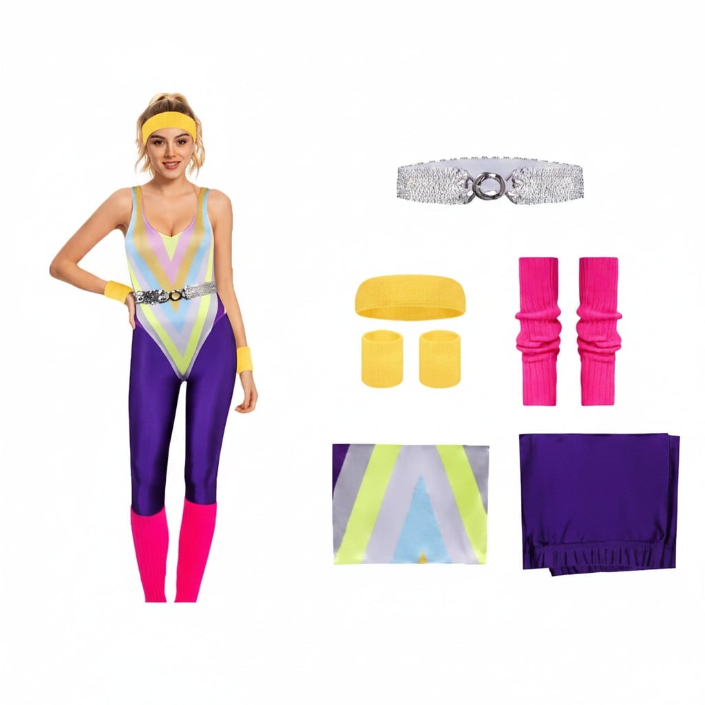 Girls 80s Aerobics Costume Leotard Leggings and Leg Warmers Halloween Party