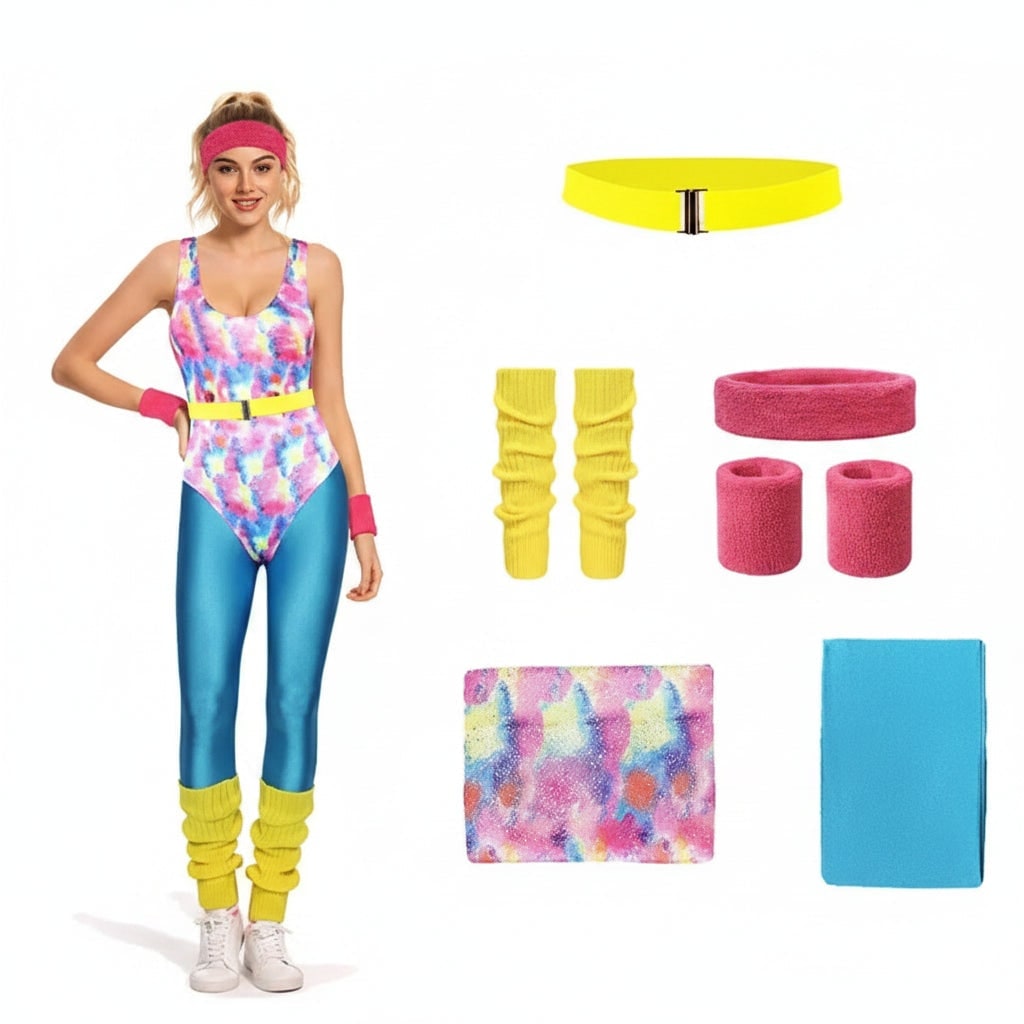 Girls 80s Aerobics Costume Leotard Leggings and Leg Warmers Halloween Party