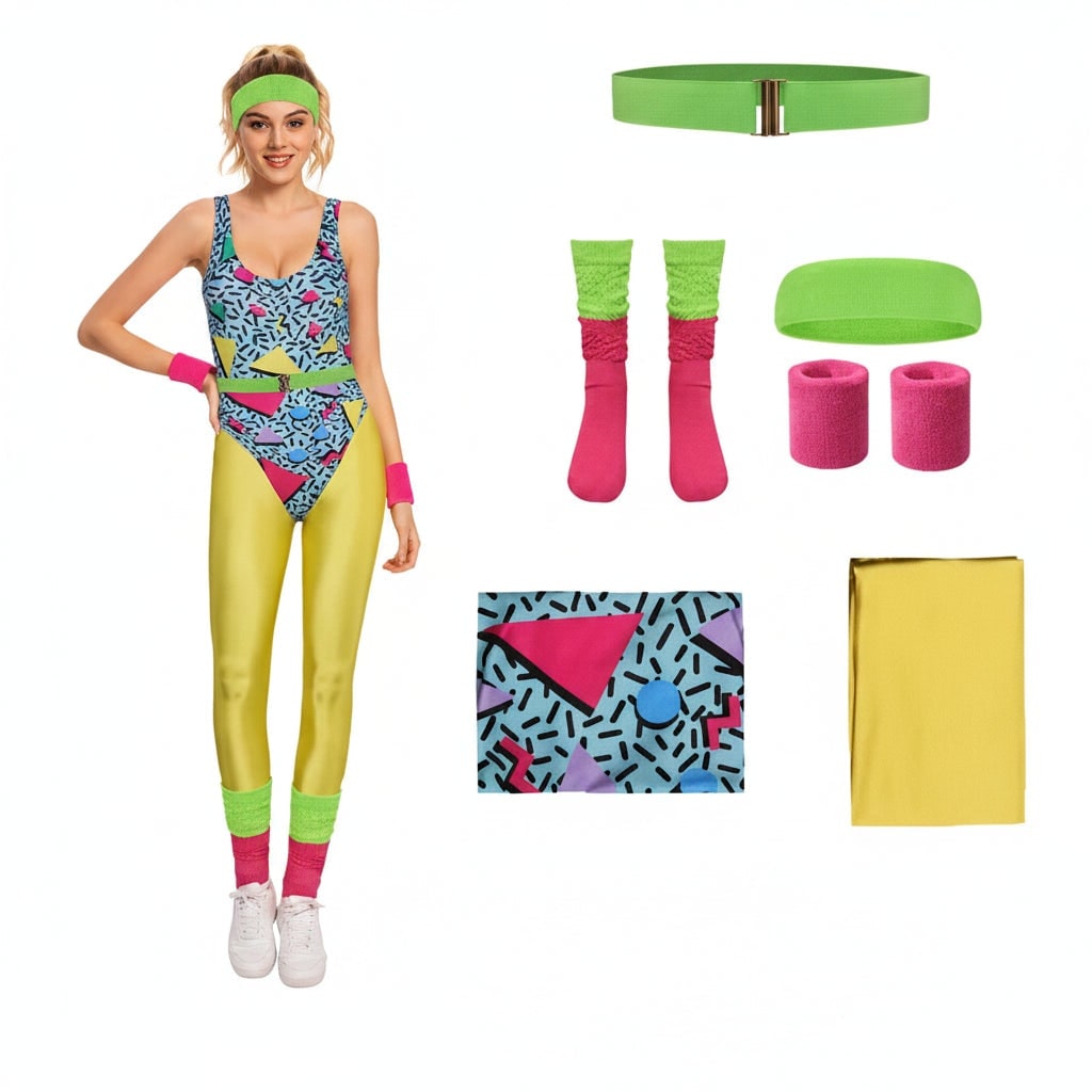 Girls 80s Aerobics Costume Leotard Leggings and Leg Warmers Halloween Party