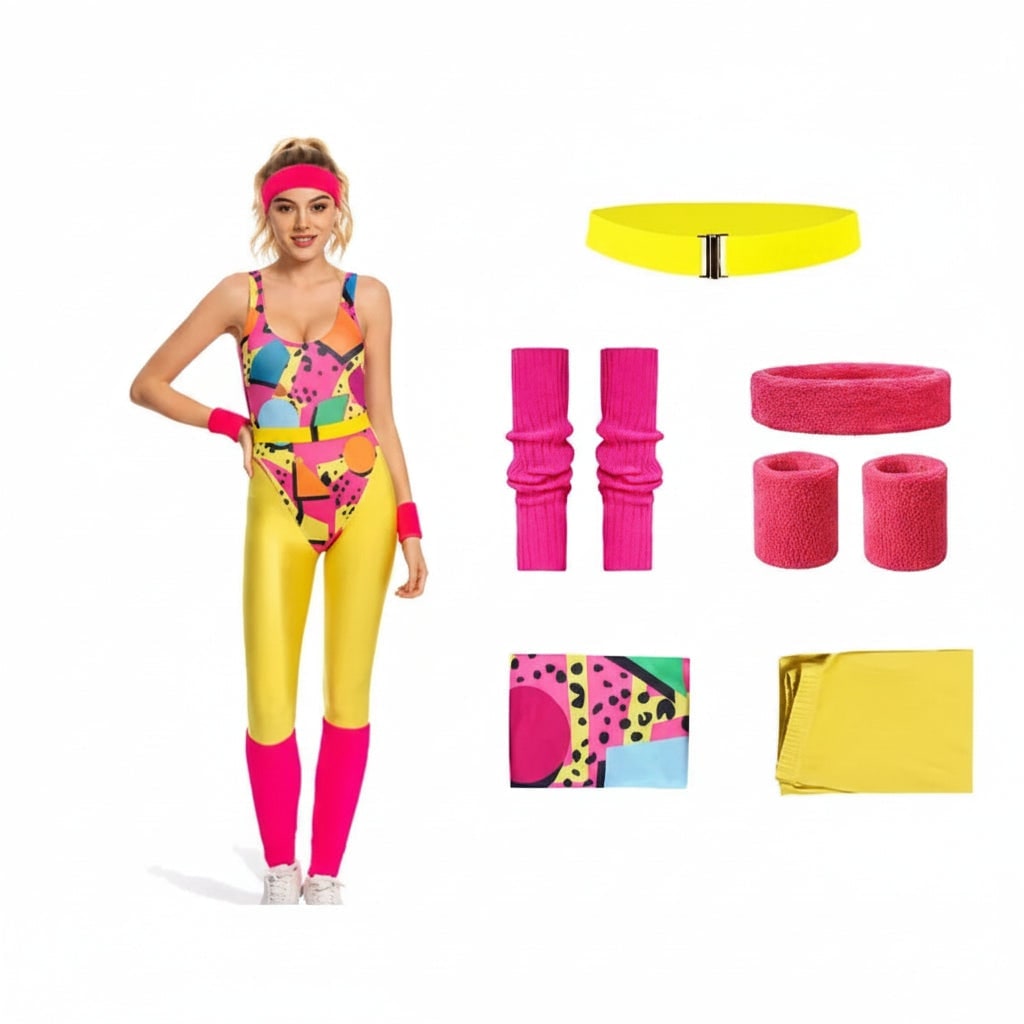 Girls 80s Aerobics Costume Leotard Leggings and Leg Warmers Halloween Party