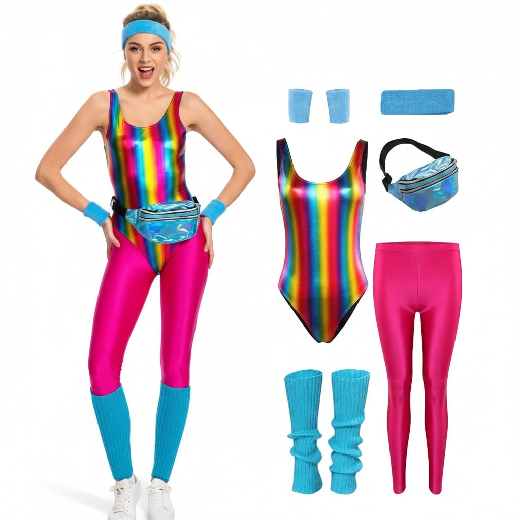 Girls 80s Aerobics Costume Leotard Leggings and Leg Warmers Halloween Party