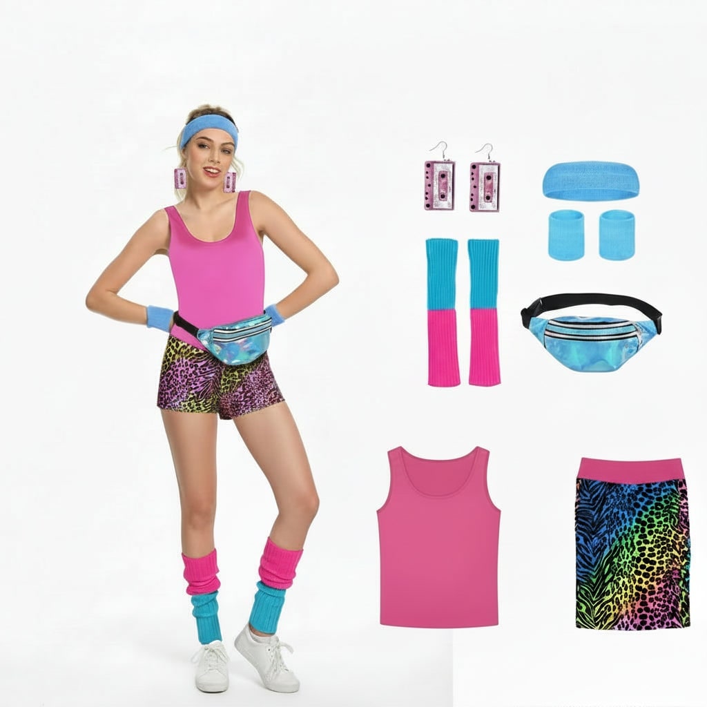 Girls 80s Aerobics Costume Leotard Leggings and Leg Warmers Halloween Party