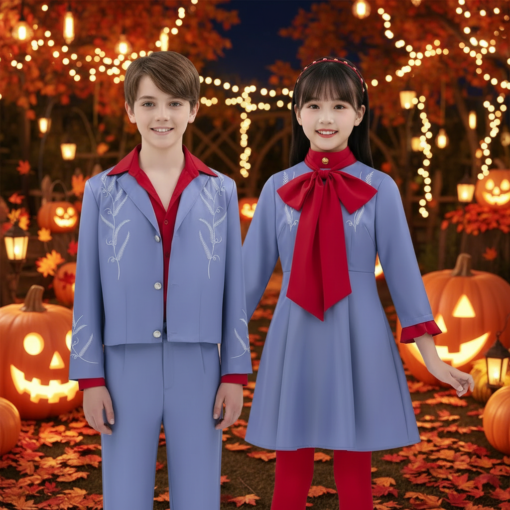 Girls Anime Cosplay Costume Dress Set with Red Bow Tie and Collar Halloween Party