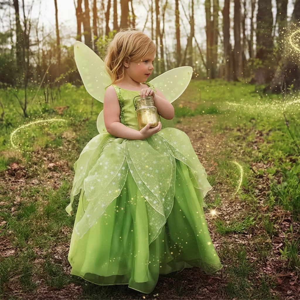 Girls Fairy Costume Dress with Wings Tiara Wand and Gloves Halloween Party