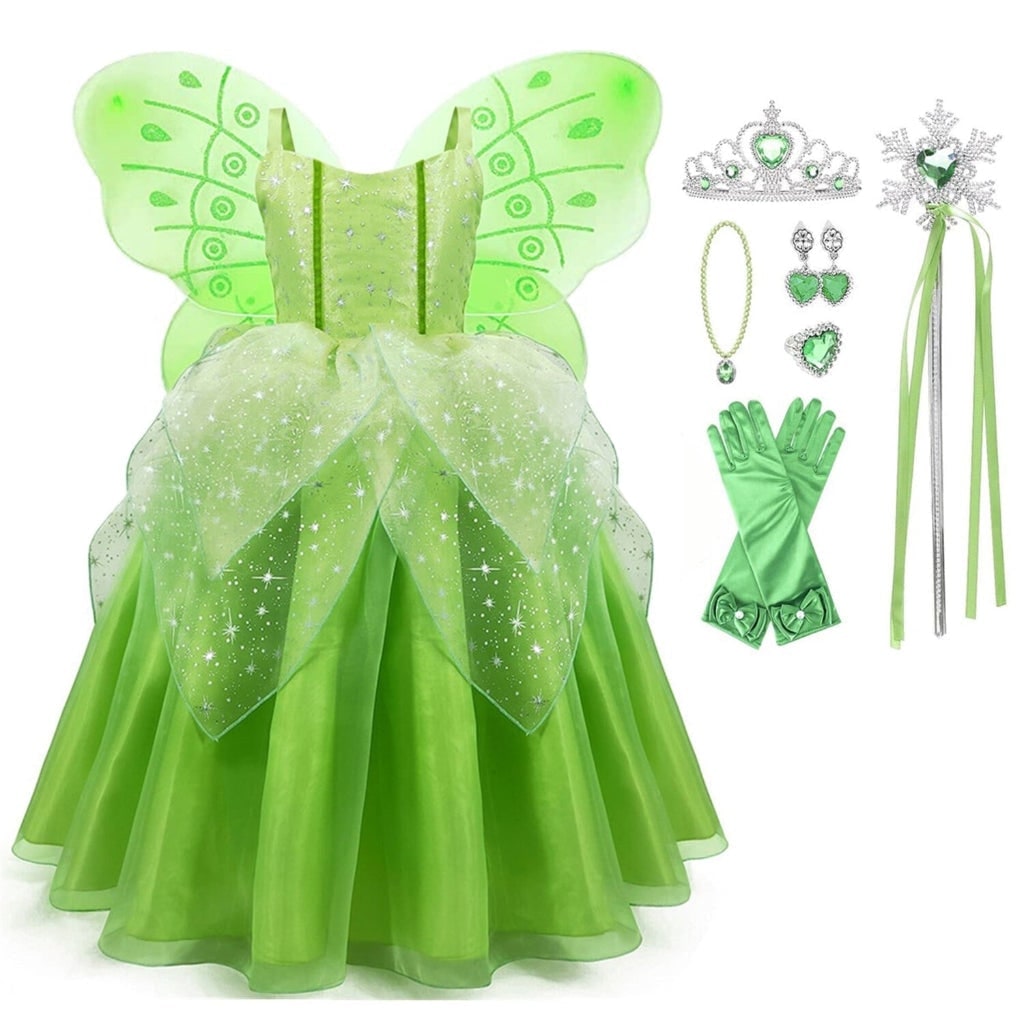 Girls Fairy Costume Dress with Wings Tiara Wand and Gloves Halloween Party