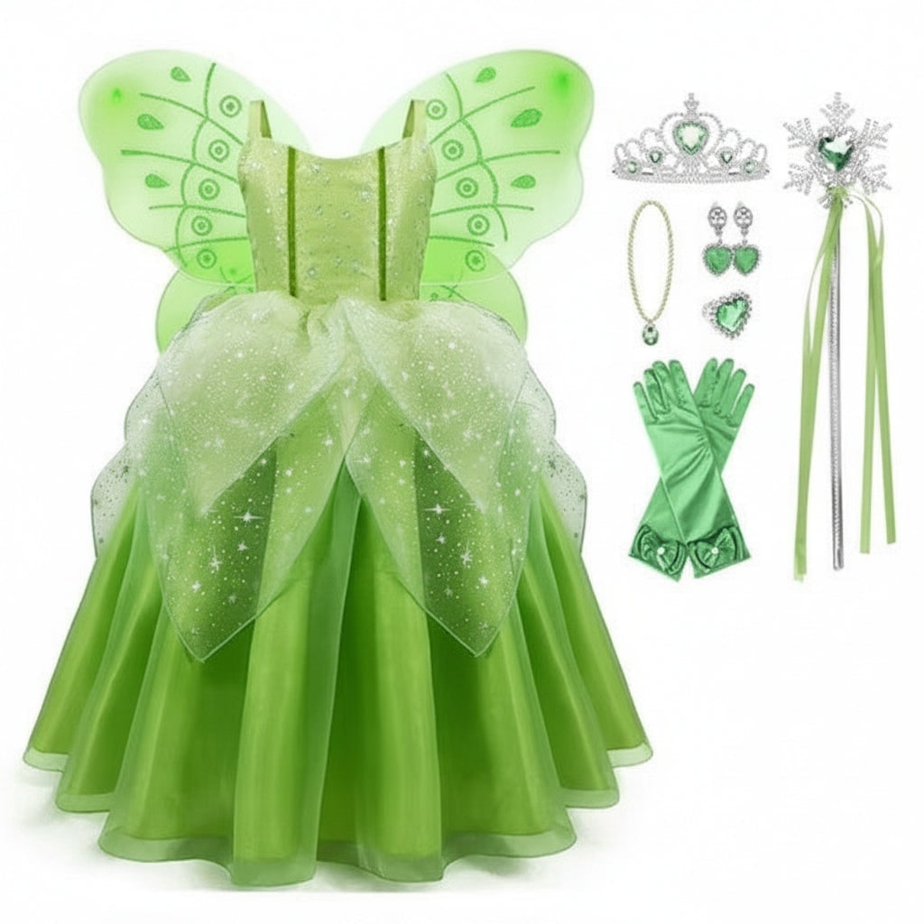 Girls Fairy Costume Dress with Wings Tiara Wand and Gloves Halloween Party