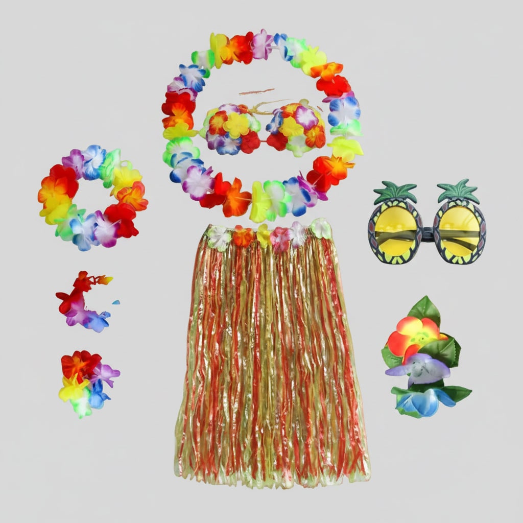 Girls Hula Skirt Costume Set Grass Flower Lei Headband Wristbands Group of Four Halloween