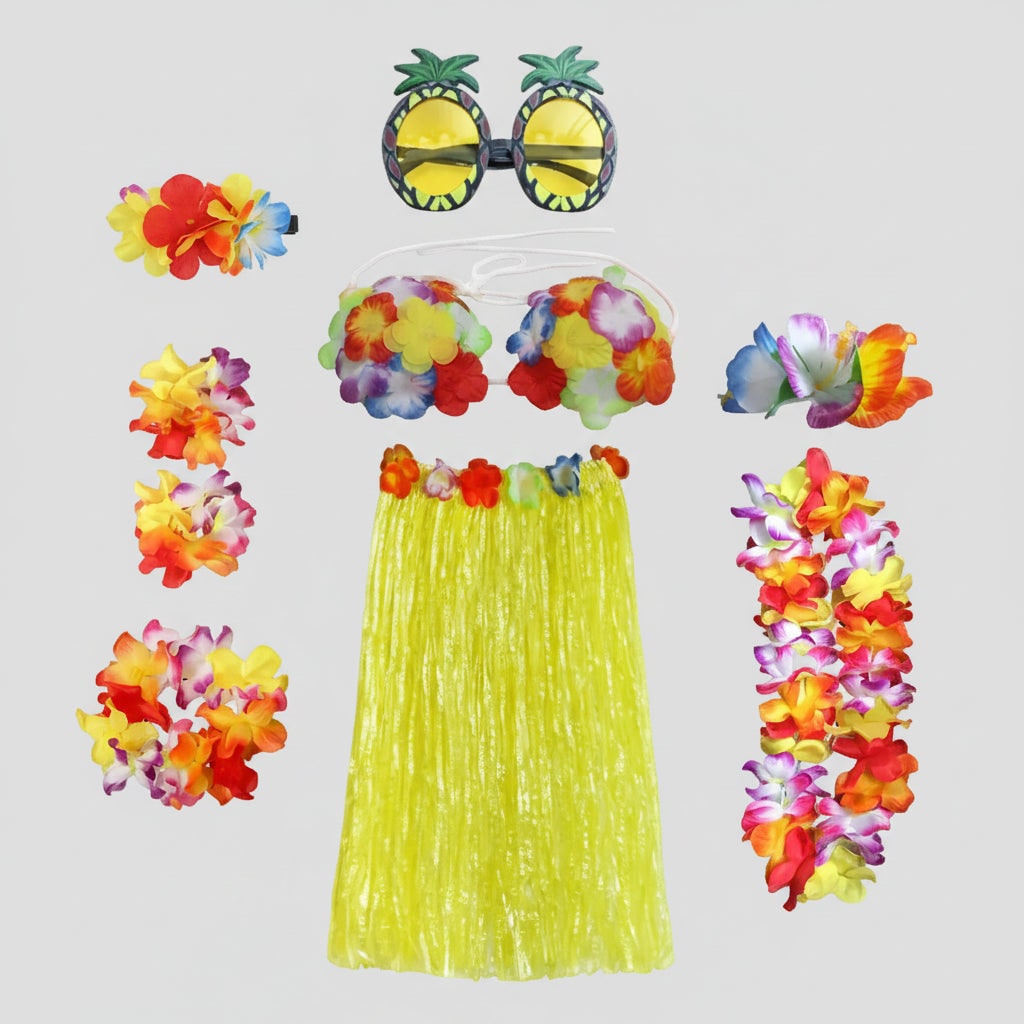 Girls Hula Skirt Costume Set Grass Flower Lei Headband Wristbands Group of Four Halloween