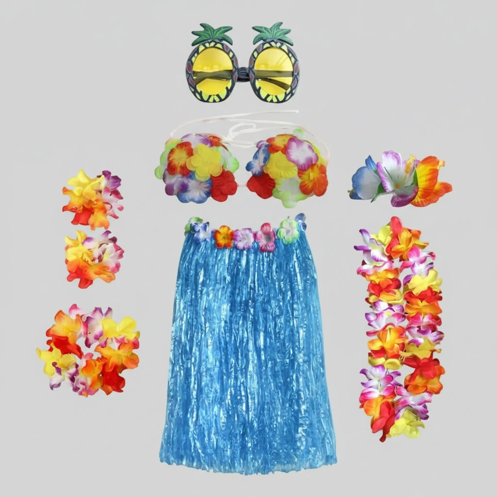 Girls Hula Skirt Costume Set Grass Flower Lei Headband Wristbands Group of Four Halloween