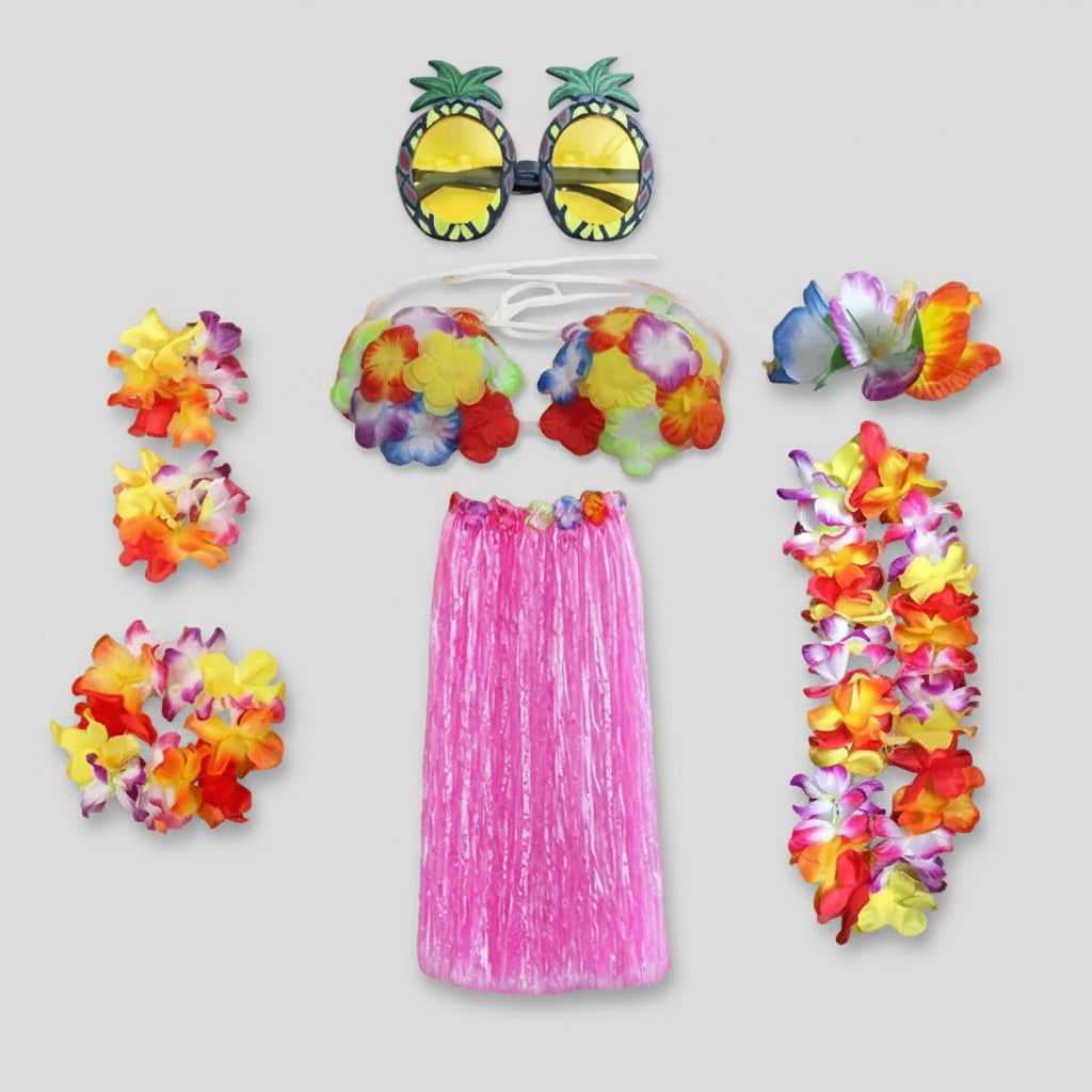 Girls Hula Skirt Costume Set Grass Flower Lei Headband Wristbands Group of Four Halloween