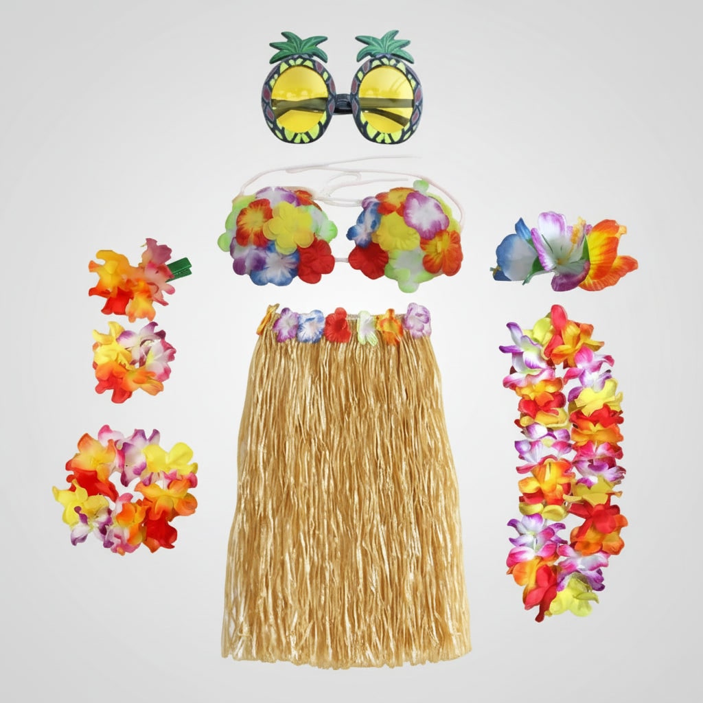 Girls Hula Skirt Costume Set Grass Flower Lei Headband Wristbands Group of Four Halloween