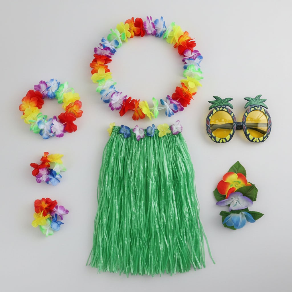 Girls Hula Skirt Costume Set Grass Flower Lei Headband Wristbands Group of Four Halloween