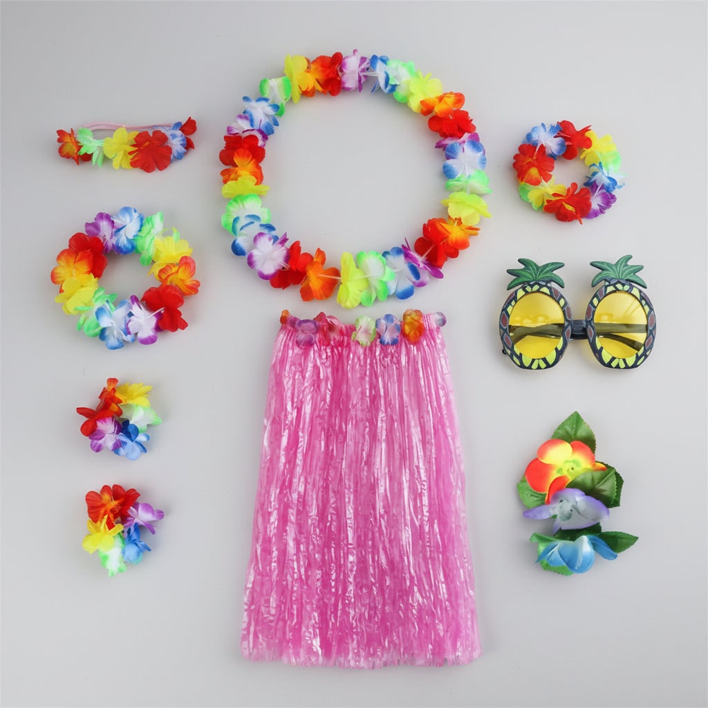 Girls Hula Skirt Costume Set Grass Flower Lei Headband Wristbands Group of Four Halloween