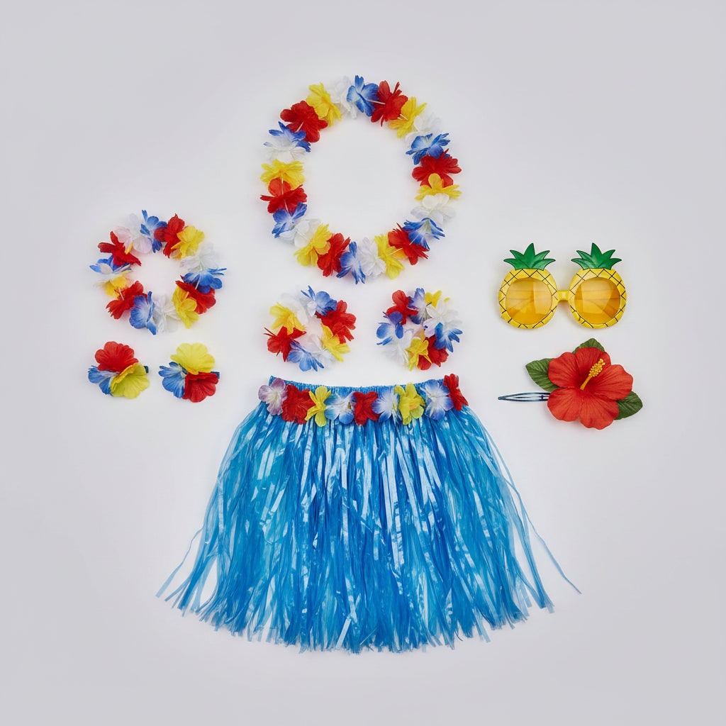 Girls Hula Skirt Costume Set Grass Flower Lei Headband Wristbands Group of Four Halloween