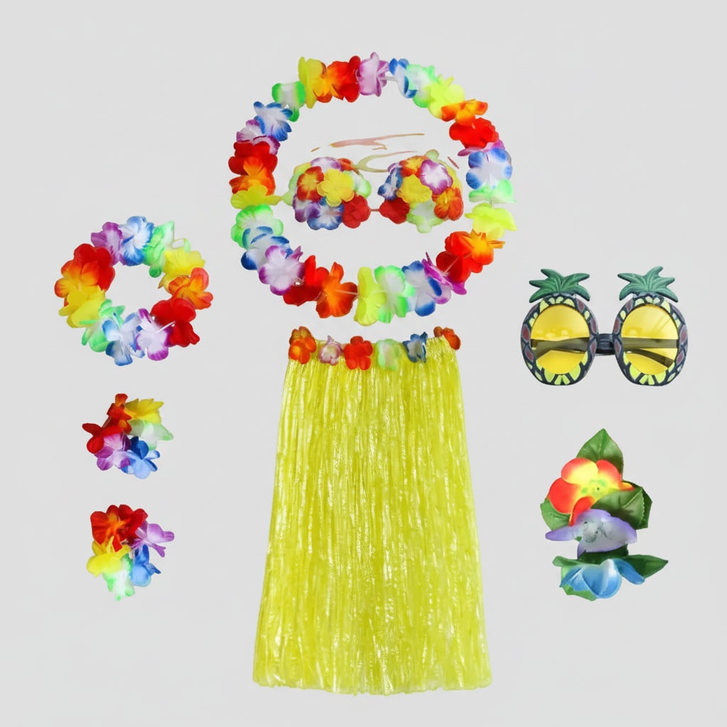 Girls Hula Skirt Costume Set Grass Flower Lei Headband Wristbands Group of Four Halloween