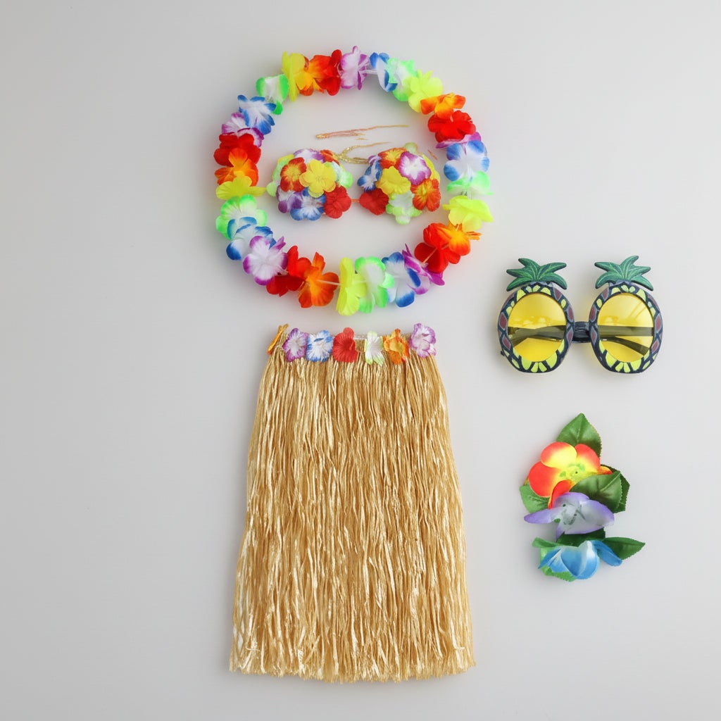Girls Hula Skirt Costume Set Grass Flower Lei Headband Wristbands Group of Four Halloween