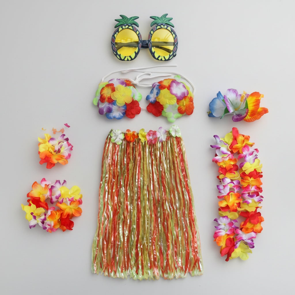Girls Hula Skirt Costume Set Grass Flower Lei Headband Wristbands Group of Four Halloween