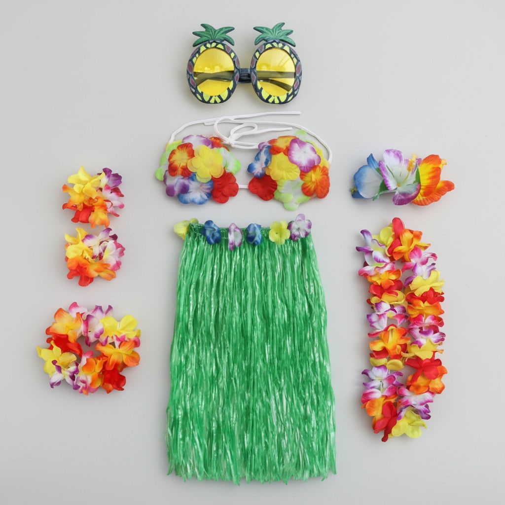 Girls Hula Skirt Costume Set Grass Flower Lei Headband Wristbands Group of Four Halloween