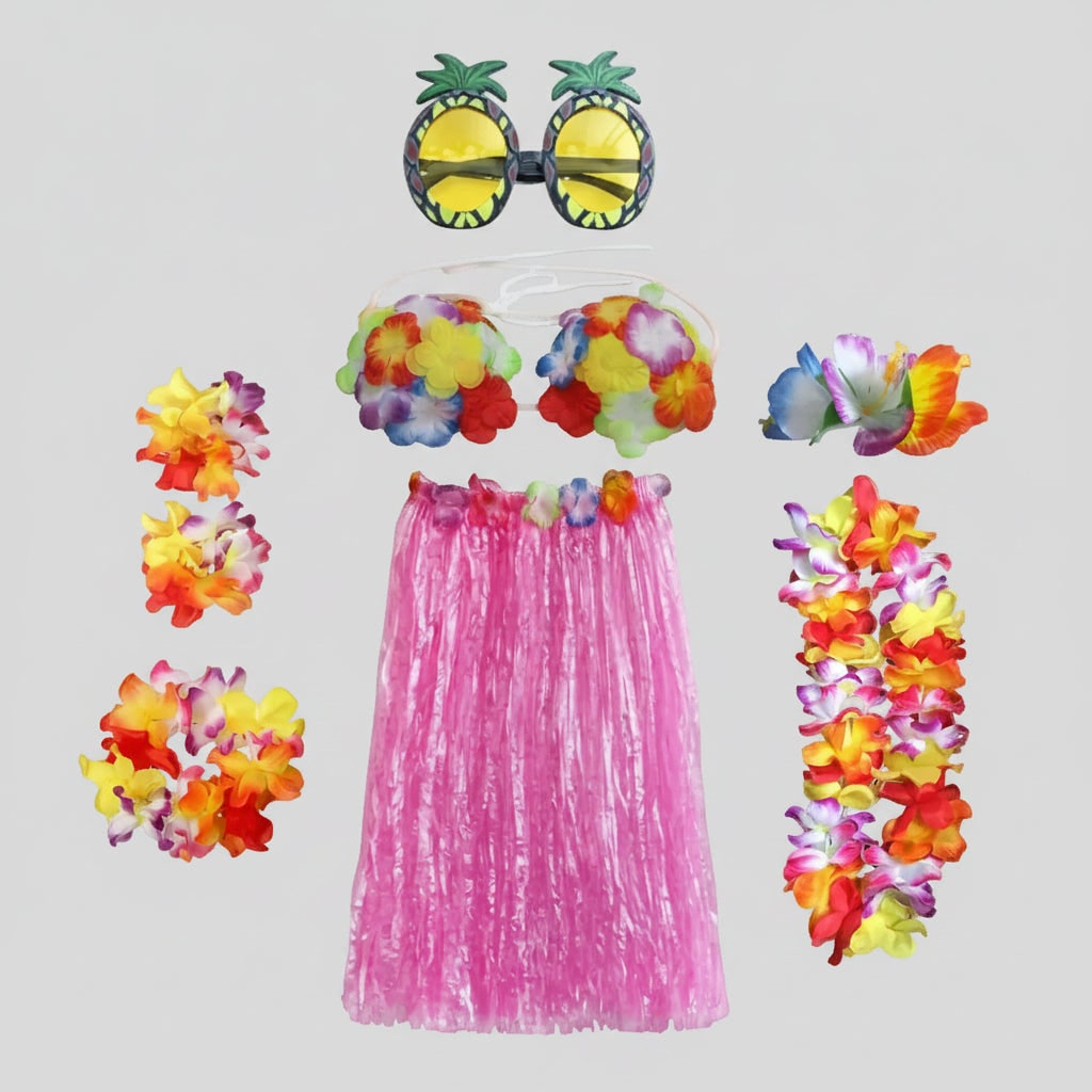 Girls Hula Skirt Costume Set Grass Flower Lei Headband Wristbands Group of Four Halloween