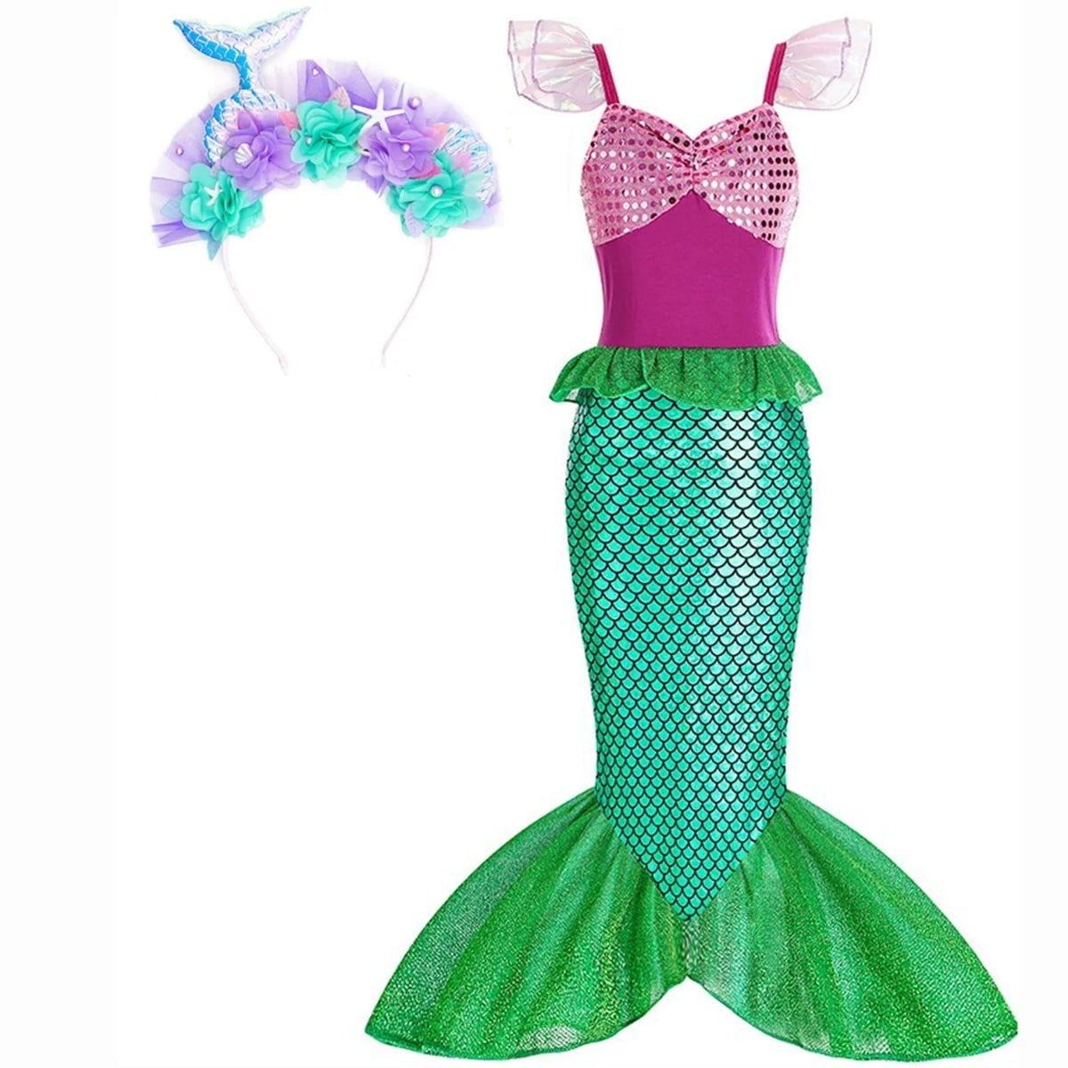 Girls Mermaid Costume Outfit with Accessories Ariel Dress Up Halloween Party