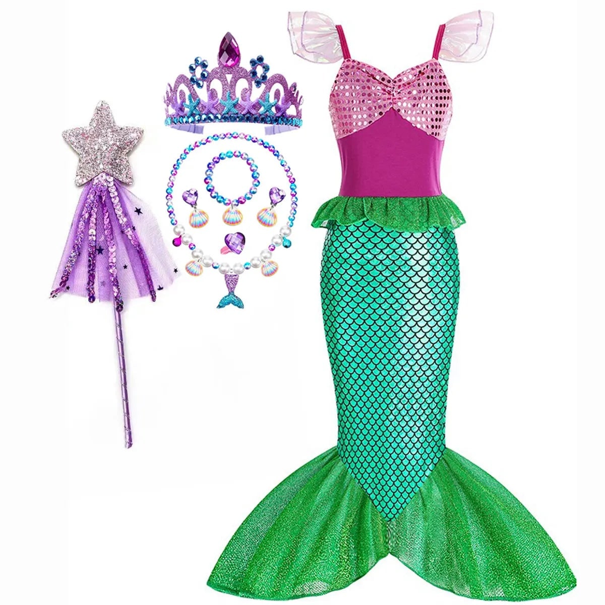 Girls Mermaid Costume Outfit with Accessories Ariel Dress Up Halloween Party