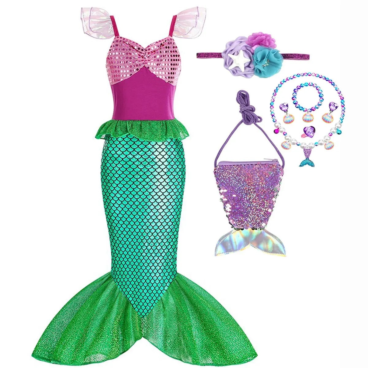 Girls Mermaid Costume Outfit with Accessories Ariel Dress Up Halloween Party