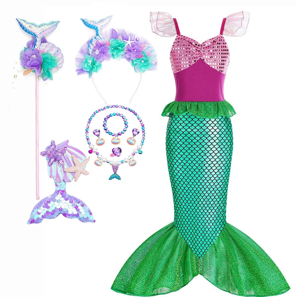 Girls Mermaid Costume Outfit with Accessories Ariel Dress Up Halloween Party