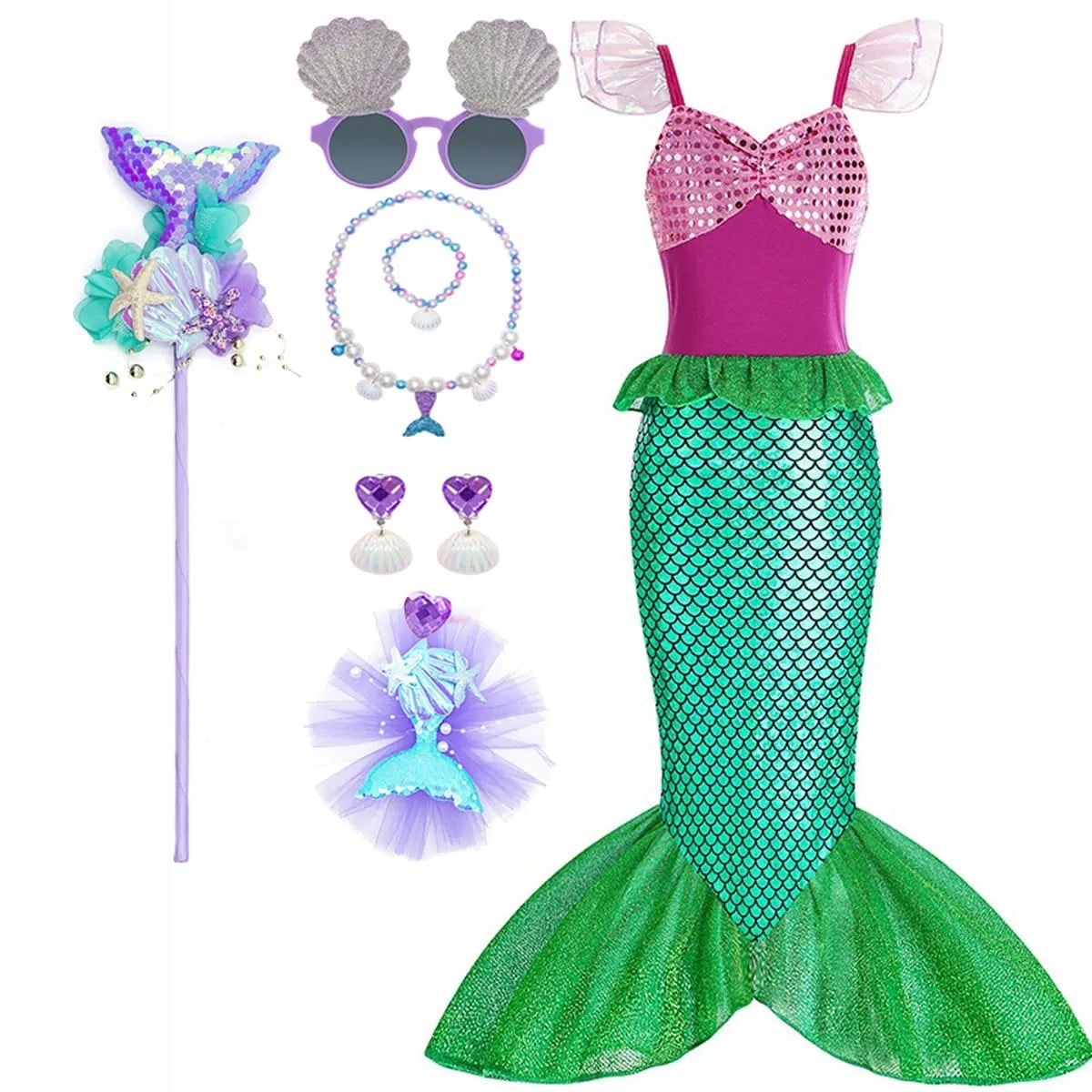 Girls Mermaid Costume Outfit with Accessories Ariel Dress Up Halloween Party