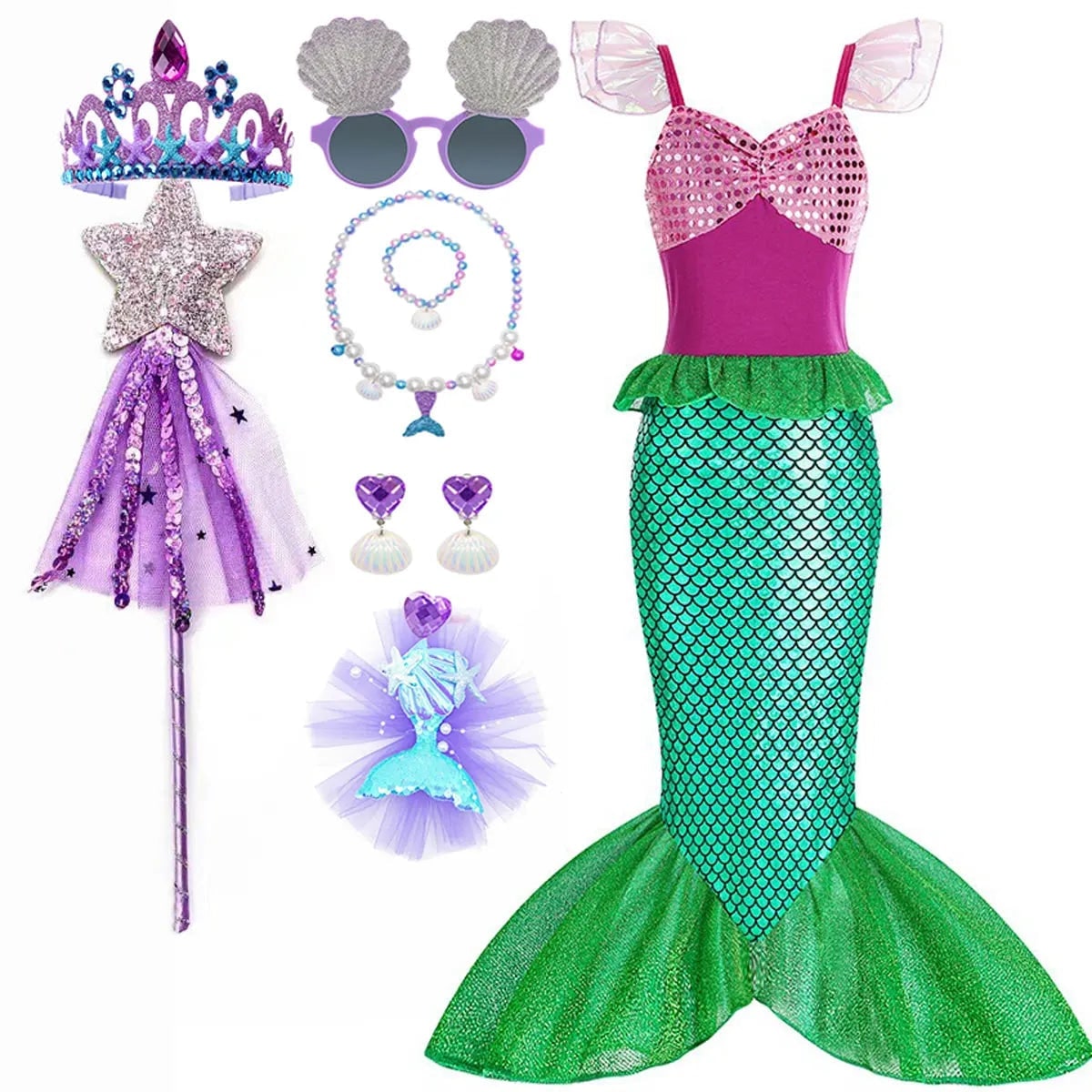 Girls Mermaid Costume Outfit with Accessories Ariel Dress Up Halloween Party
