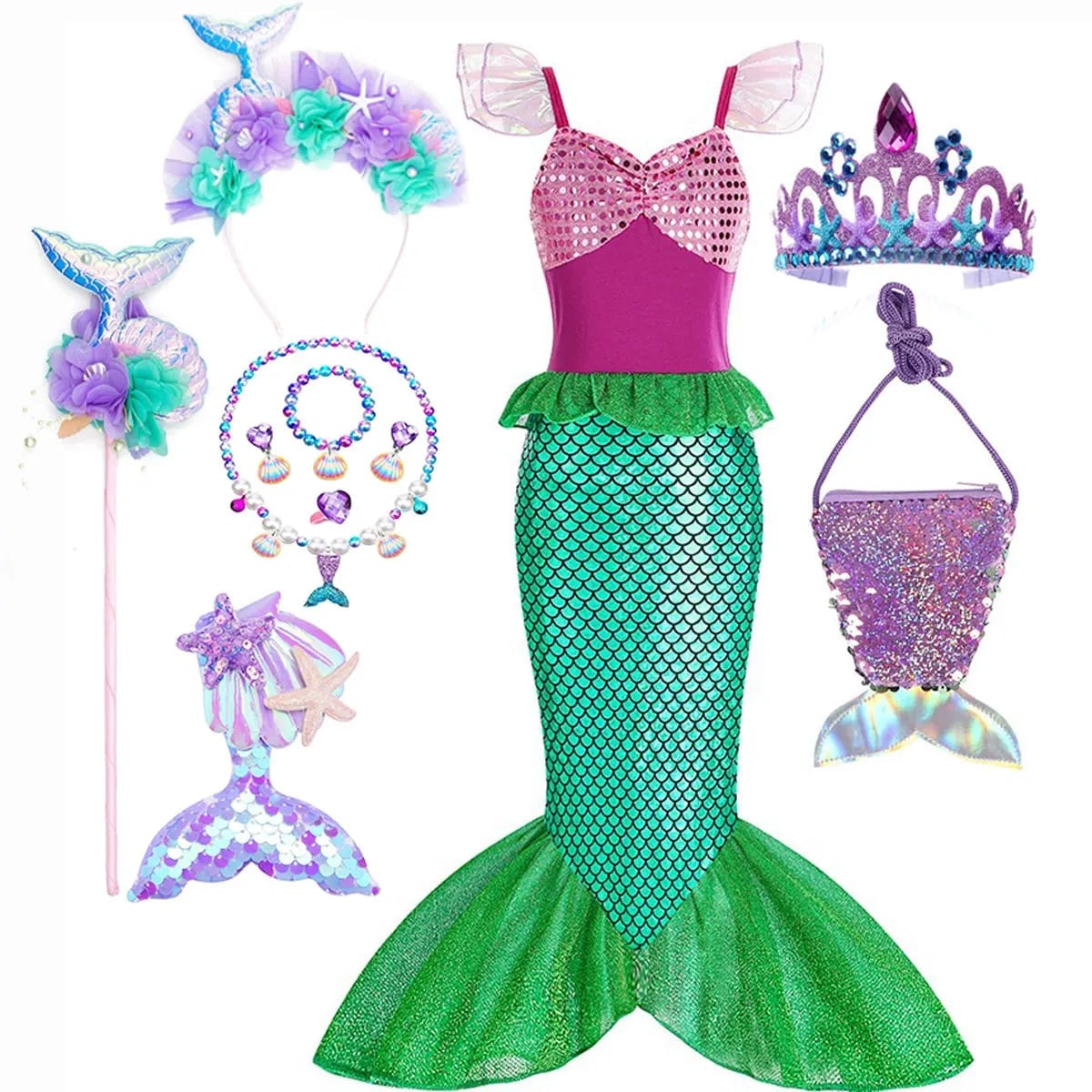 Girls Mermaid Costume Outfit with Accessories Ariel Dress Up Halloween Party