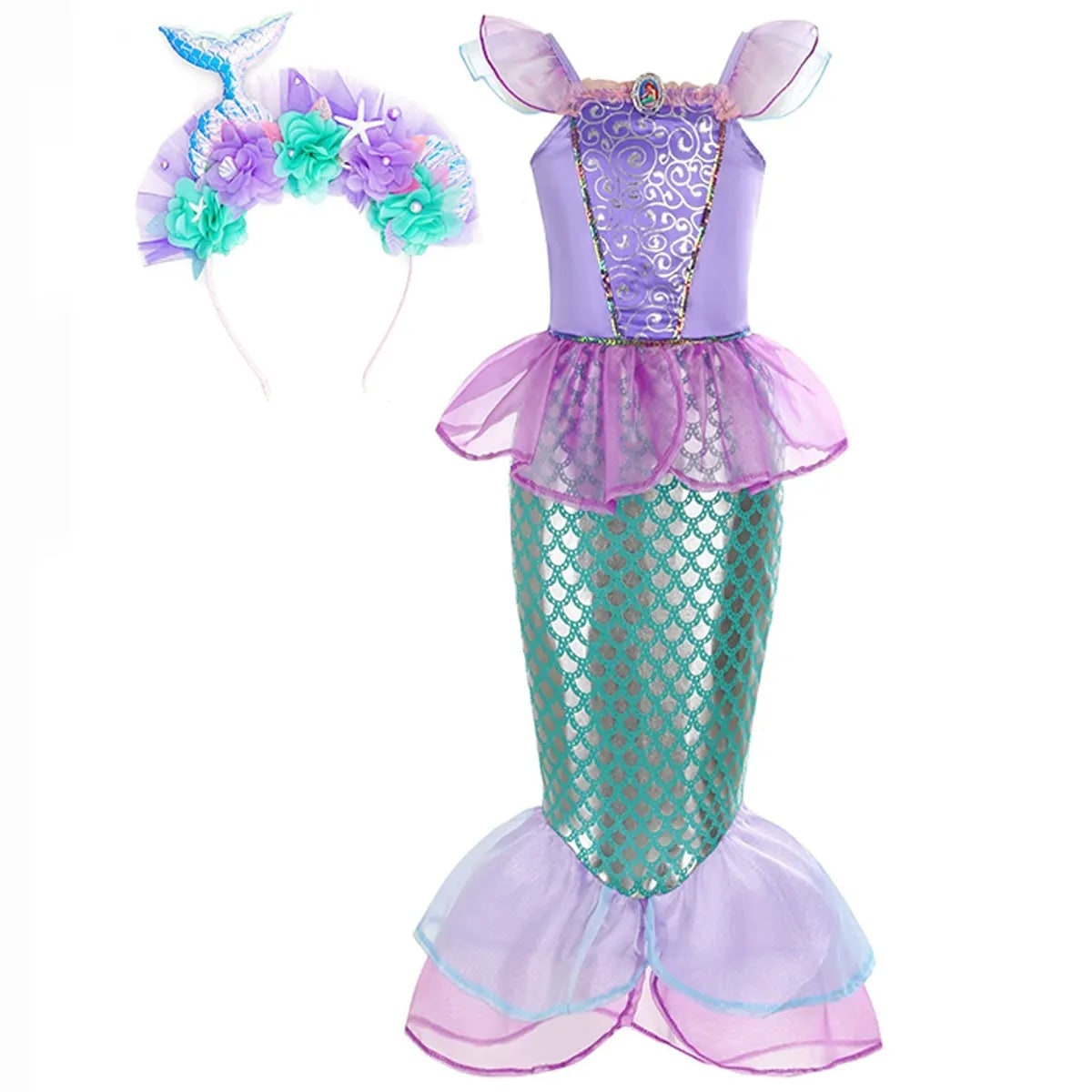 Girls Mermaid Costume Outfit with Accessories Ariel Dress Up Halloween Party